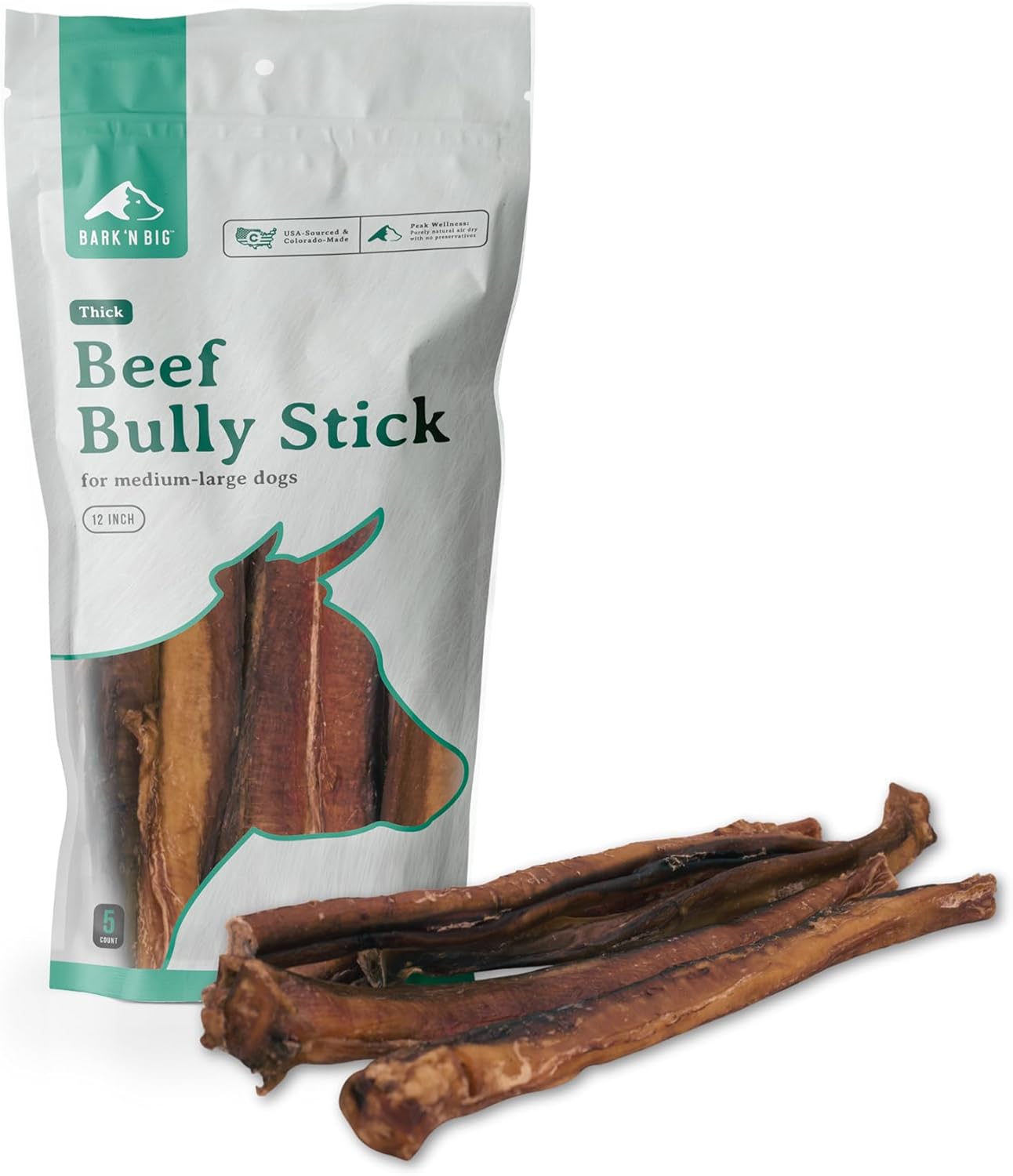 BARK'N BIG Thick 12 Inch Odor Free Bully Sticks for Large Dogs Made in USA - Single Ingredient Dog Chew - Premium Pizzle Sticks - Beef Pizzles for Large Breeds - 5 Count