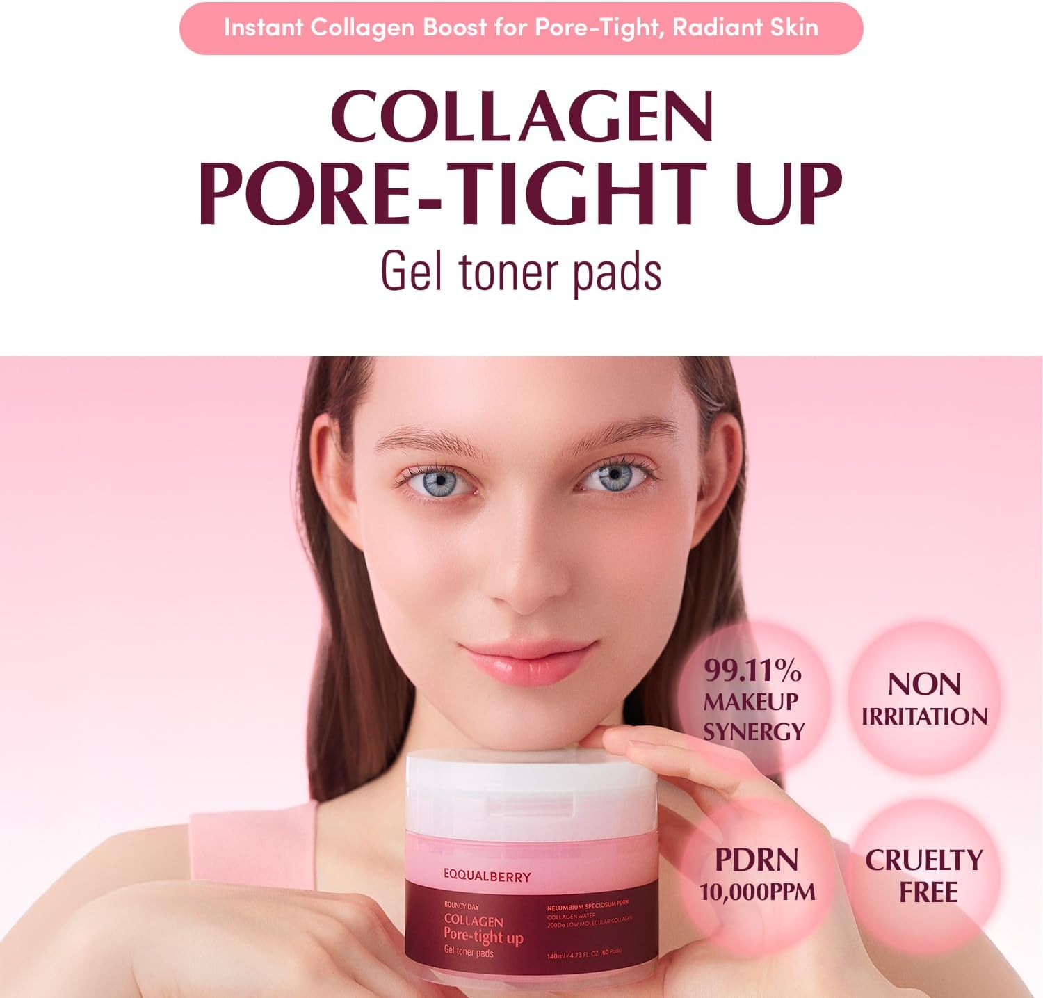 EQQUALBERRY Collagen Pore-Tight Up Gel Toner Pads – Korean Pore-Tightening Jelly Pad with Deep Absorption Collagen, Hydrating & Firming Formula, 4.73 FL.OZ. (140ml) / 60 Pads - Image 2