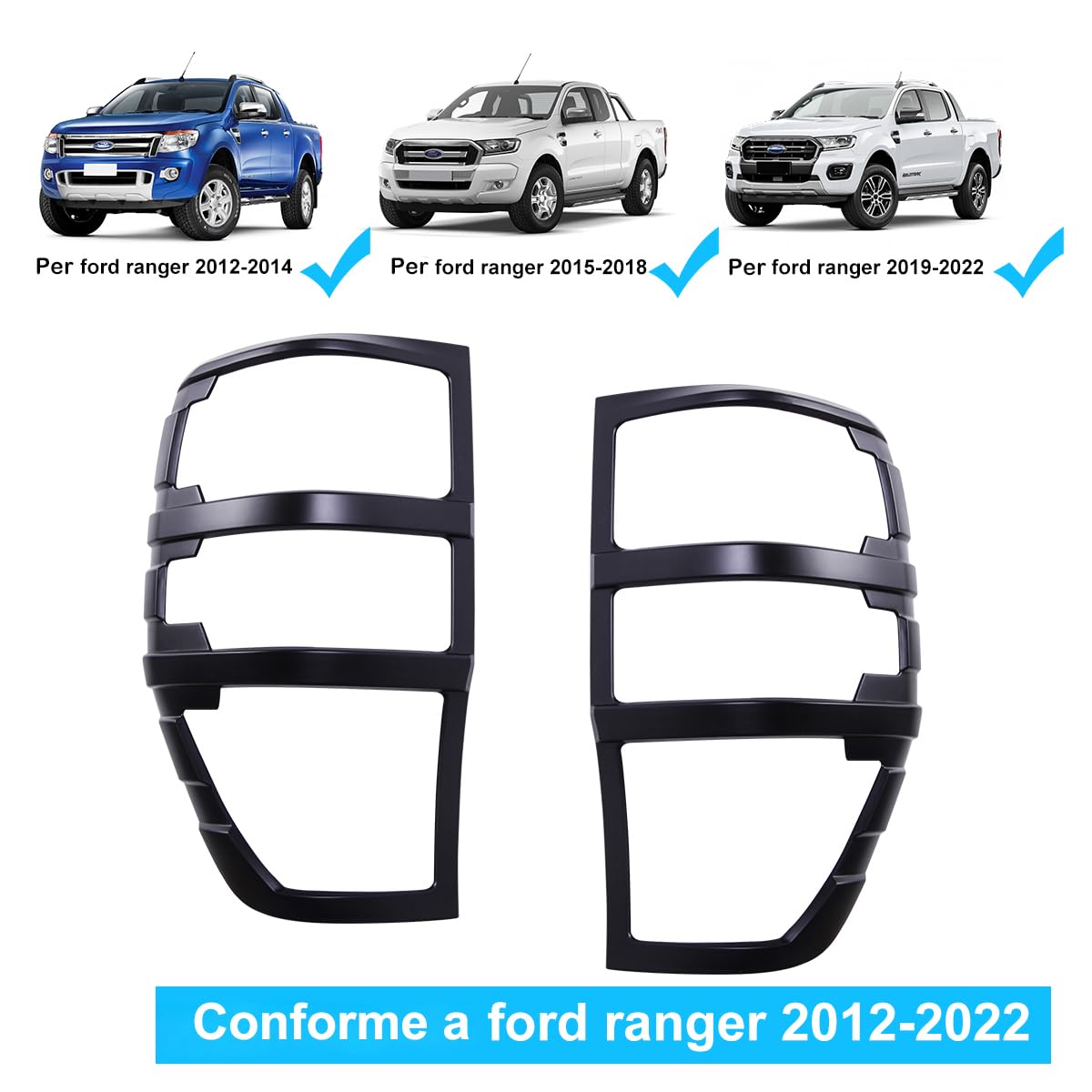 Embellecedores Luces Traseras Negro Mate para Ford Ranger 2012-2022 ABS | Acabado negro mate, plástico ABS duradero, instalación sin taladrar, sellado de huecos, evita óxido, paso de ITV