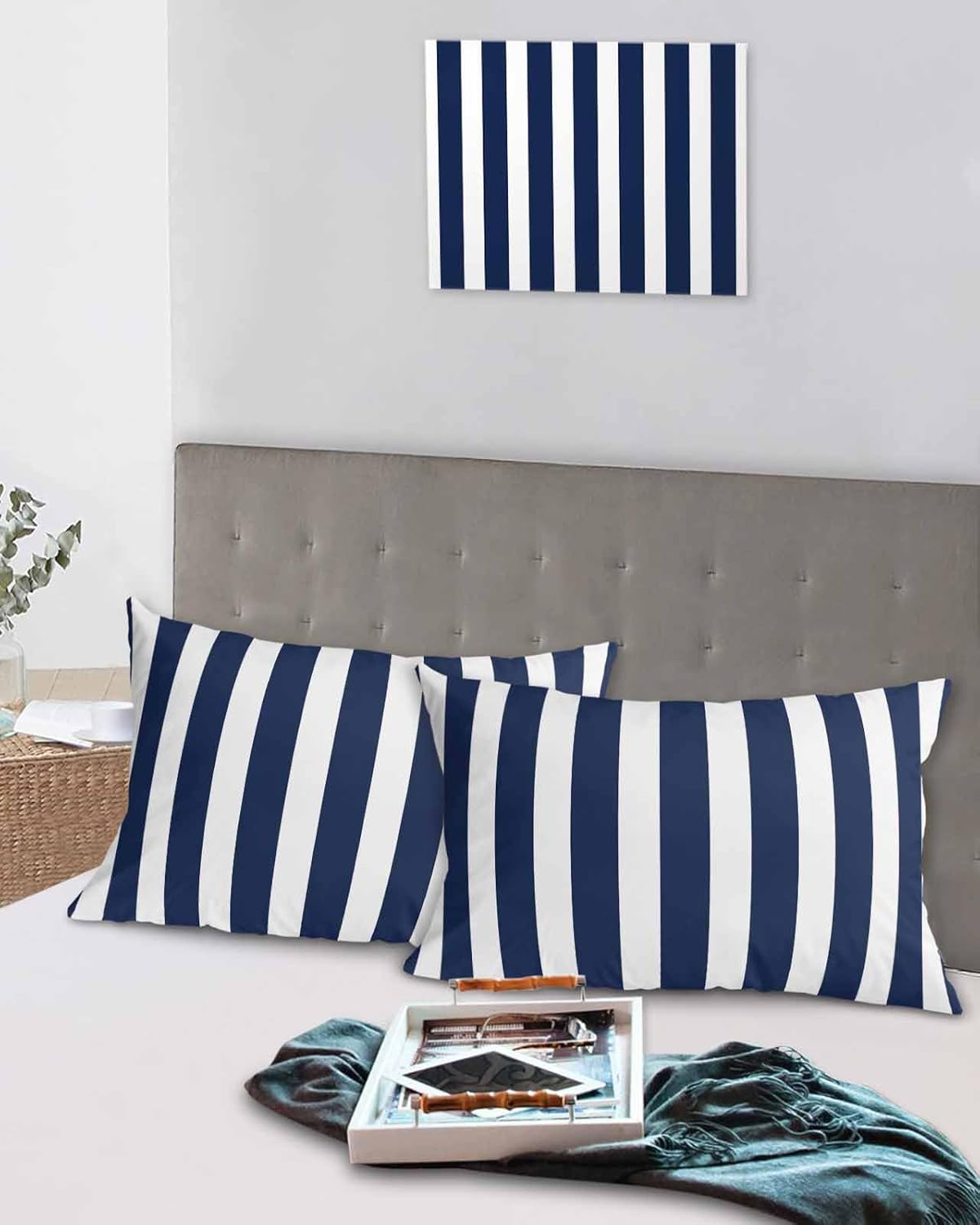 Navy Blue Stripes Pillow Cases King Size Modern White Blue Striped Pillow Cover Decorative Throw Pillow Covers Set of 2 - Pillowcases for Bedroom Couch Sofa - Gifts for Women Men 20x36 Inch
