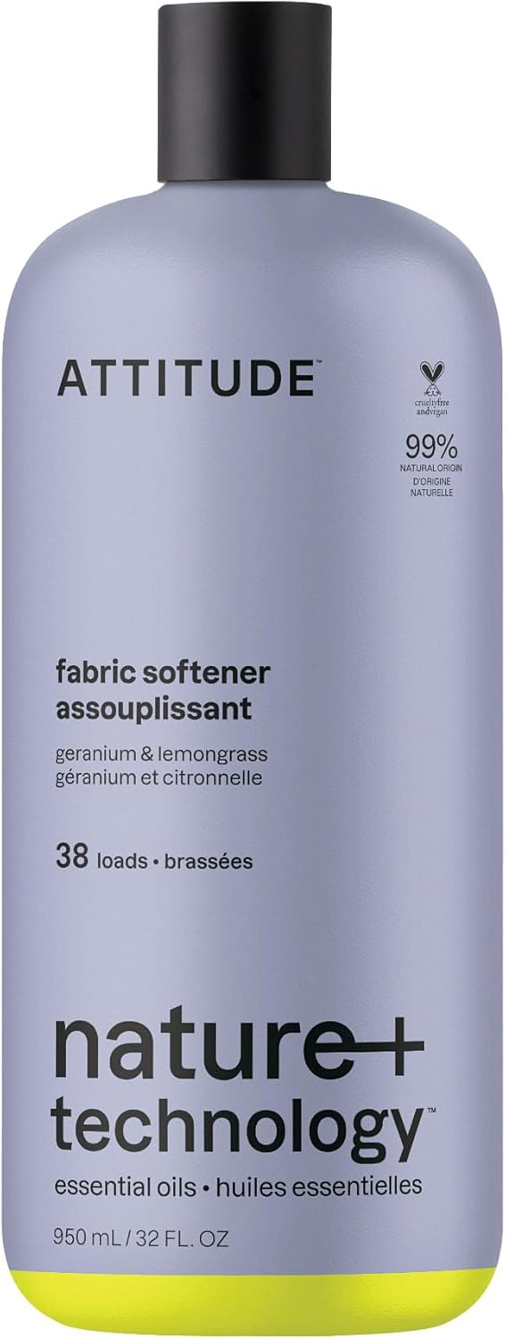 ATTITUDE Fabric Softener with Essential Oils, Vegan, Plant and Mineral-Based Ingredients, HE, Refillable Aluminum Bottle, 40 Loads, Geranium and Lemongrass, 33.8 Fl Oz