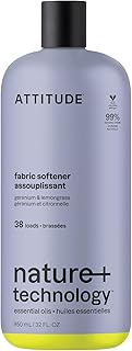 ATTITUDE Liquid Fabric Softener, Natural Origin Ingredients, For White and Colored Clothing, Deodorizes, Gentle on Delicate skin, Infused With Essential Oils, Geranium & Lemongrass, 38 Loads, 32 Fl Oz