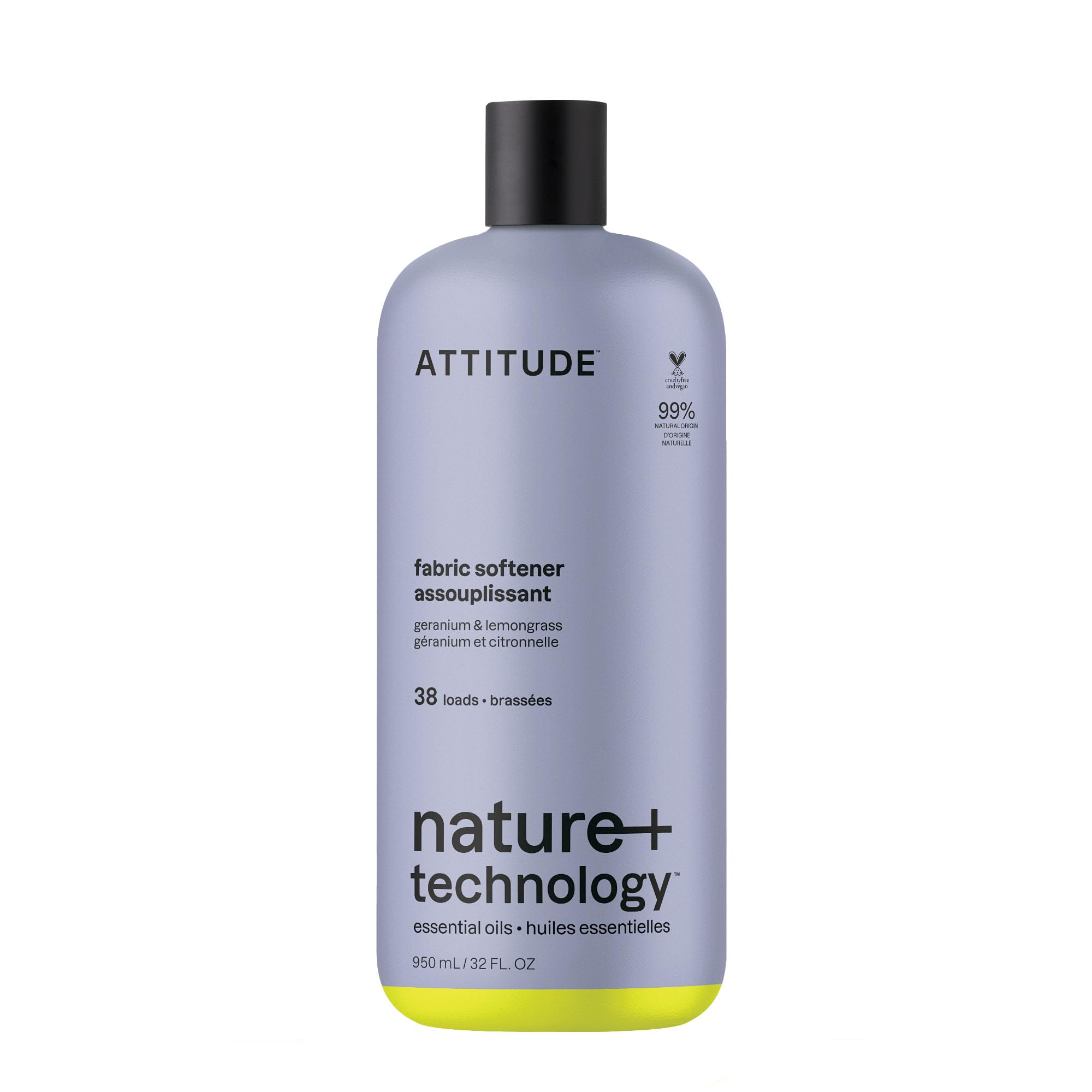 ATTITUDE Liquid Fabric Softener, Natural Ingredients, White & Colored Clothing, Deodorizes, Gentle on Delicate Skin, With Essential Oils, Geranium & Lemongrass, 38 Loads, 950 mL