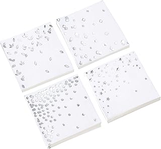 100 PK Silver Napkins - 4 Assorted Designs - 3-Ply Cocktail Napkins Folded 5 x 5 Inches Bar Napkins Disposable Party Napkins Paper Napkins Beverage for Wedding Bridal Baby Shower Birthday