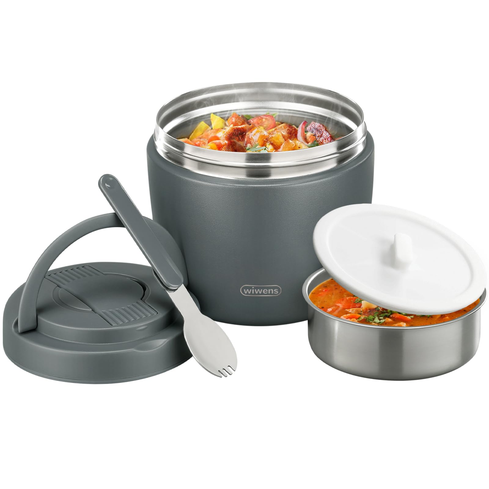 wiwens Termo Słoik na żywność dla dorosłych na gorące jedzenie, 900 ml, na zupę, termiczne, na lunch, szeroki otwór, izolowane próżniowo, ze stali nierdzewnej, szczelne pudełko Bento z łyżeczką, szary