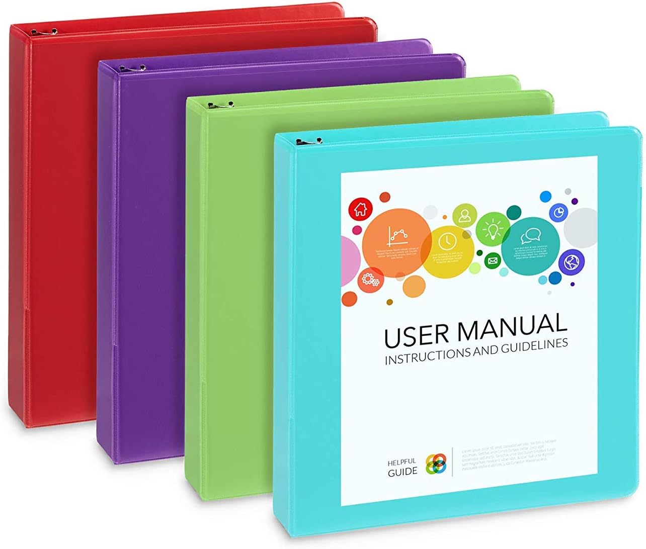 4 Pack 1.5 Inch 3 Ring Binders, Rugged Design for Home, Office, and School, Designed for of 8.5 Inch x 11 Inch Paper, Red, Purple, Aqua, Lime Green, 4 Binder Assorted Pack, Made in USA