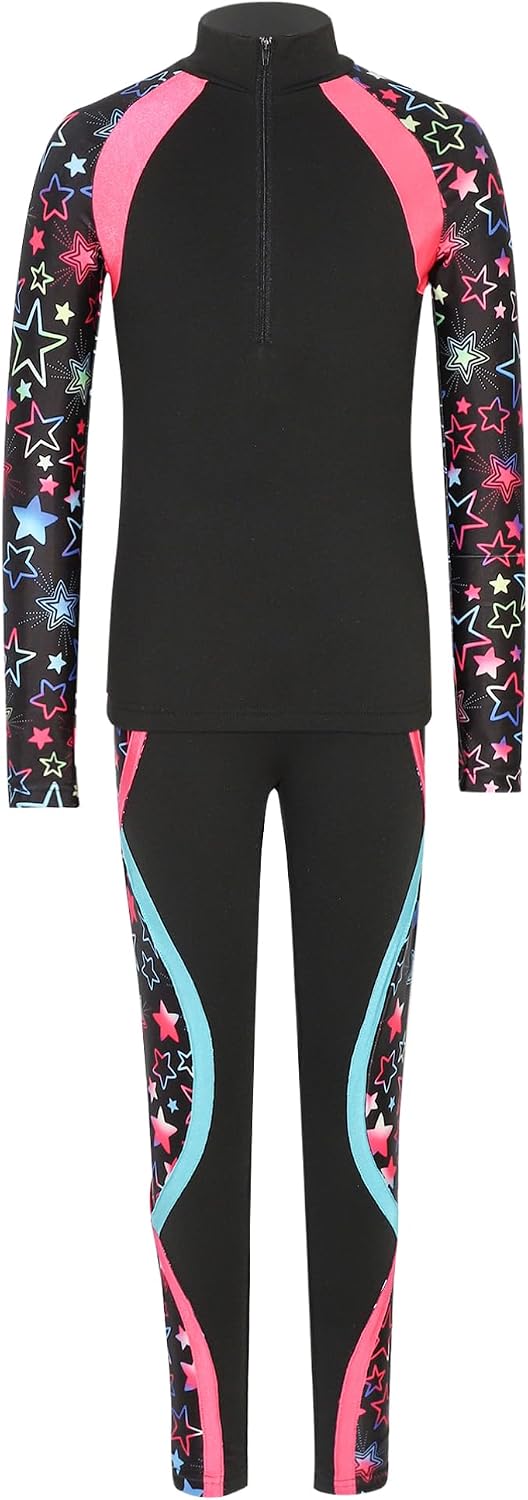 TiaoBug Kids Girls Figure Skating Training Jackets Pants Set Skating Training Clothes Full Zip Coat Pants Set