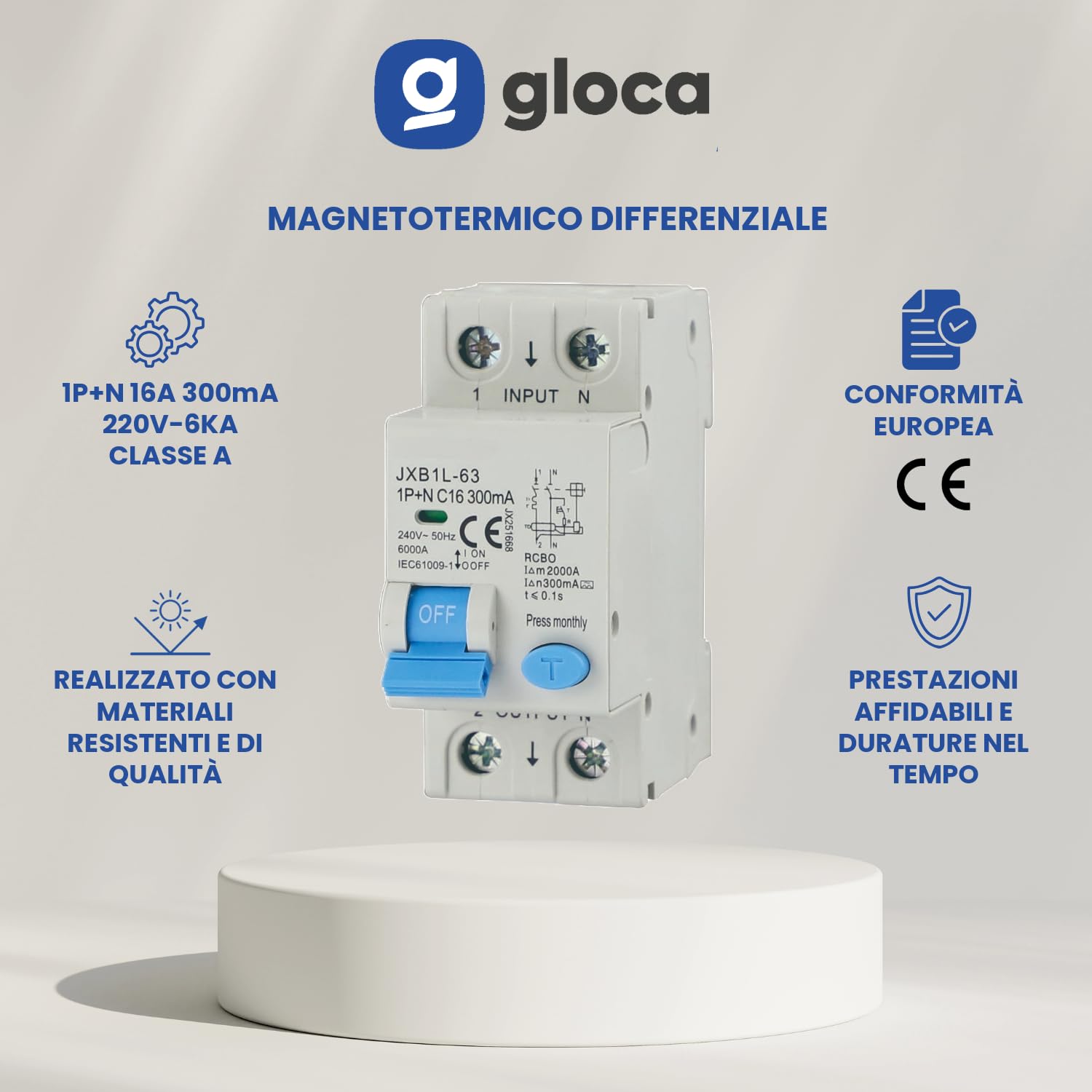 gloca Interruttore Magnetotermico Differenziale 1P+N 300mA 220V 6KA 2 Moduli DIN Classe A (16 Ampere)