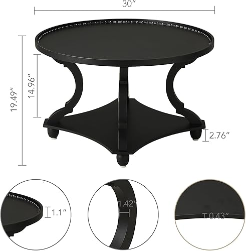 Miniatura 3 de Wnutrees Mesa de centro redonda de granja, bandeja de madera con estante de almacenamiento, estilo rústico para sala de estar y acabado vintage,
