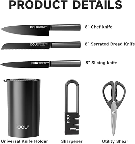 Miniatura 2 de OOU Juego de 6 cuchillos con bloque y afilador, juego de 6 cuchillos de cocina de acero alemán de alto carbono con soporte universal para cuchillos,