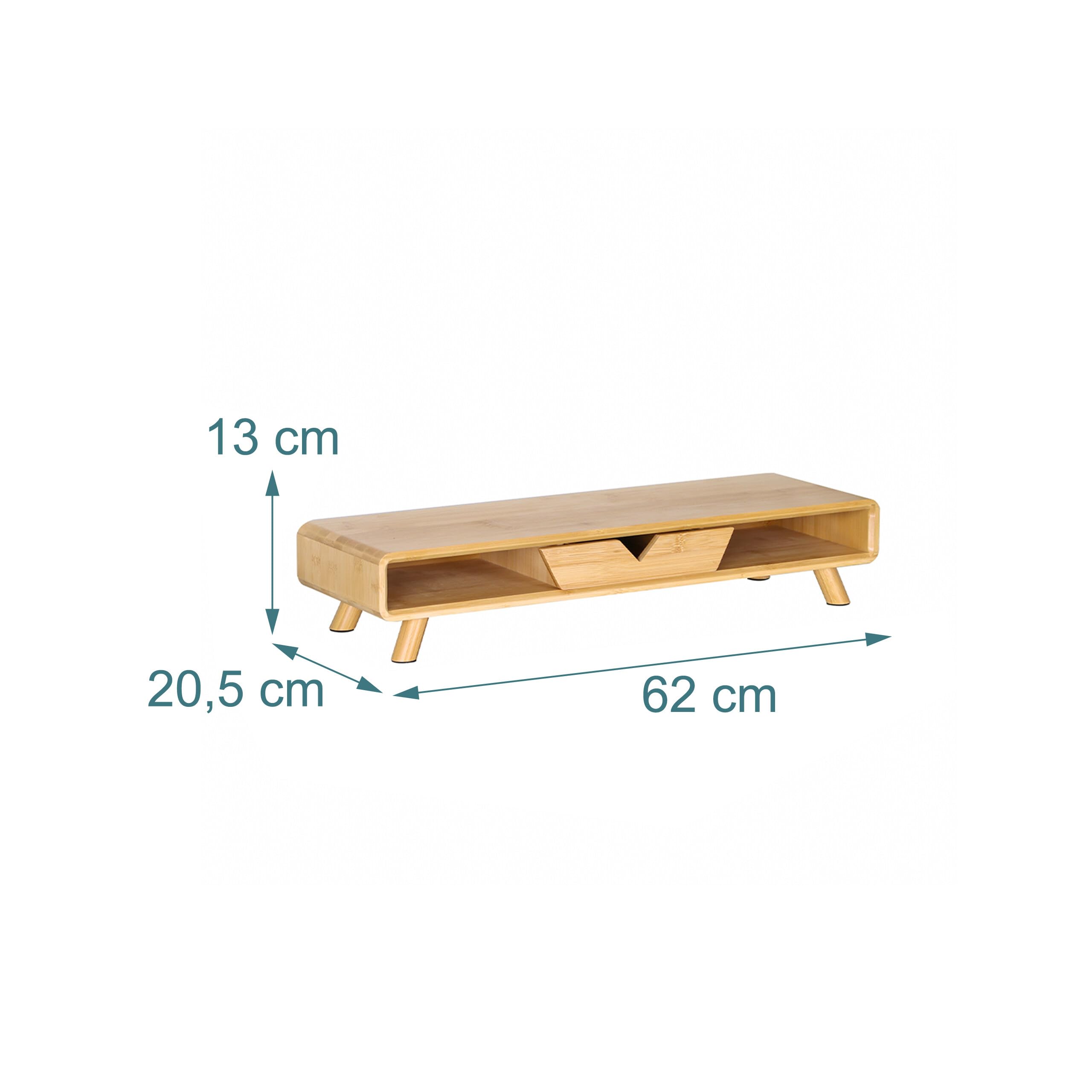 Relaxdays Soporte para monitor, 2 compartimentos y cajón, 13 x 62 x 20,5 cm, bambú, escritorio, natural