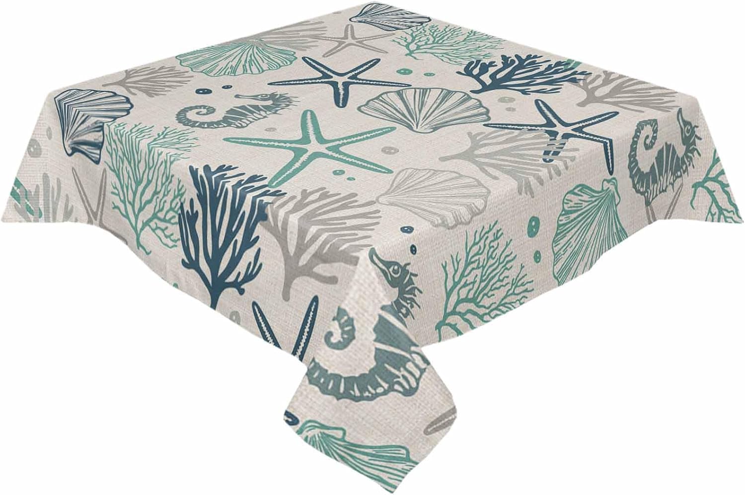 Square Teal Green Ocean Tablecloth Waterproof & Stainproof Tablecloths, Coastal Coral Shell Farmhouse Marine Wipeable Table Cloth for Round/Rectangle/Oval/Square/Dining/Party/Wedding, 54x54