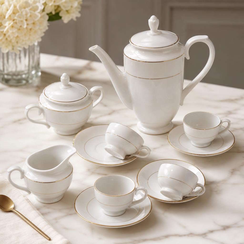 Juego de café para 12 porcelana blanca | 27 Piezas en total | Clásica decorada con filos dorados | Modelo BREMEN | Menaje Mesa