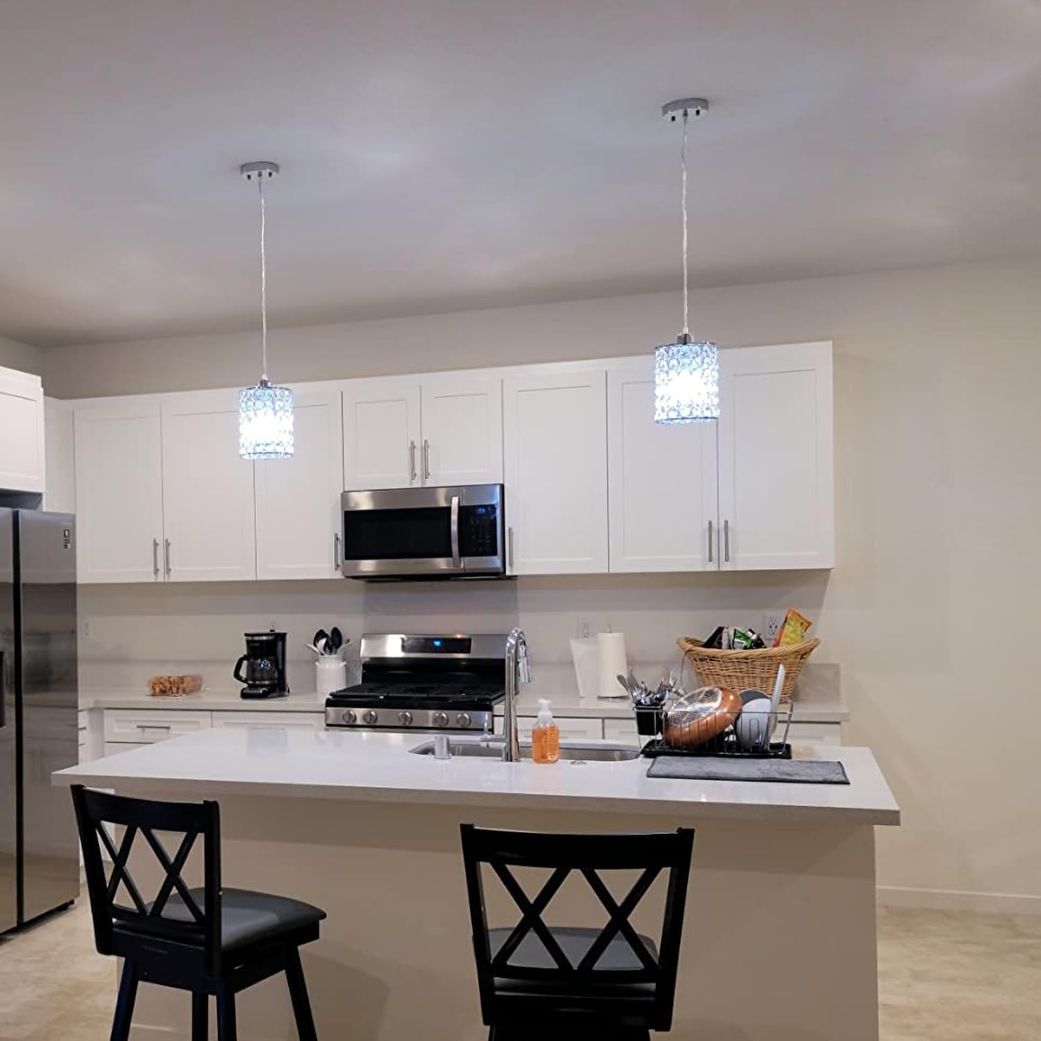 TISLYCO Modern Crystal Pendant Light Fixtures Set of 2, Ceiling Hanging Crystal Chandelier Over Kitchen Island Sink Lighting,Chrome Pendant Lighting For Dining Room, Bathroom, Hallway, EntryWay,Closet