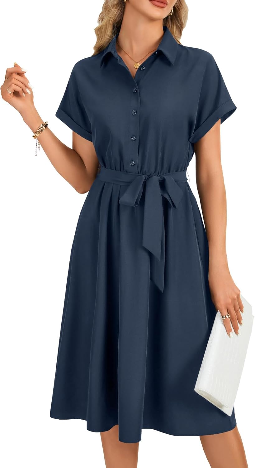 LYANER Women's Collar V Neck Button Front Tie Waist Short Sleeve Ruffle Hem Midi Dress