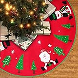 Unomor 42 inch Christmas Tree Skirt with Reindeer, Snowman, Christmas Tree and Snow Flakes for Christmas Decoration Red