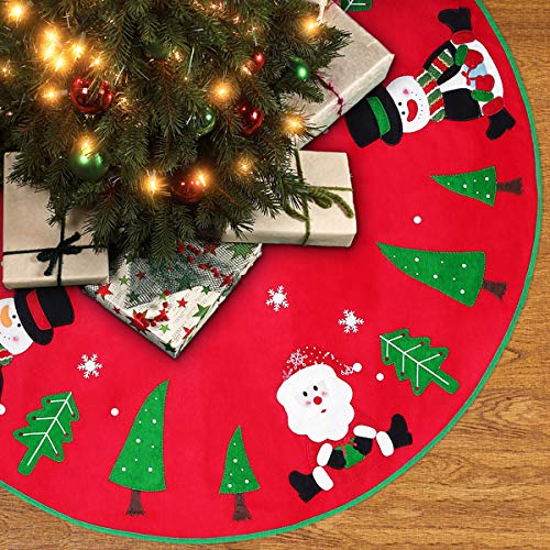 Unomor 42 inch Christmas Tree Skirt with Reindeer, Snowman, Christmas Tree and Snow Flakes for Christmas Decoration Red
