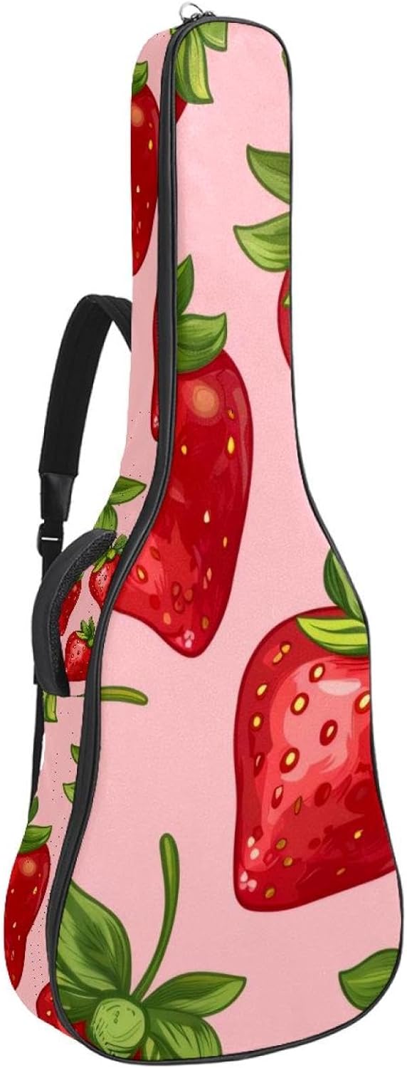 Acoustic Guitar Gig Bag 1 cm Thick Padding, Waterproof Electric Guitar Bag 40-42 Inch Guitar Case Backpack with Dual Shoulder Strap, Heart Shape Strawberry with Green Leaves on Pink
