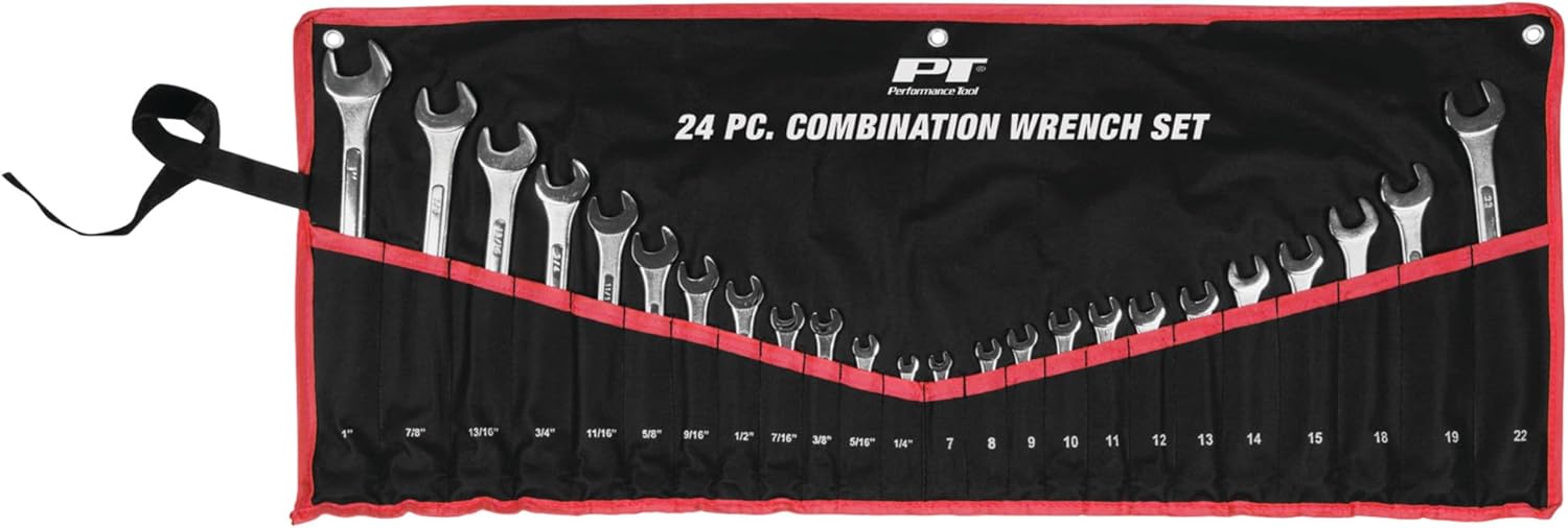 Performance Tool W1074 24 pc. SAE and Metric Combo Wrench Set: 1/4-inch to 1-inch and 7-22mm sizes, Made of Heat-Treated Steel, Raised Panel Design, Black Roll Pouch for Easy Storage