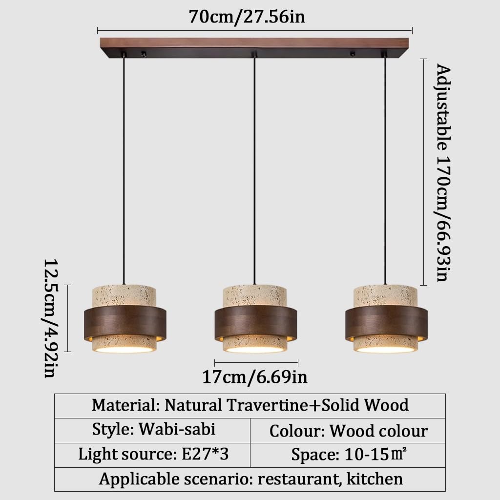 Lampadario Tre Luci E27 Lampada A Sospensione Giapponese Wabi-Sabi Paralume In Travertino Giallo Lampada Tavolo Da Pranzo Vintage Luce Sospese Legno Adatta Per Sala Da Pranzo Isola Cucina(A2)