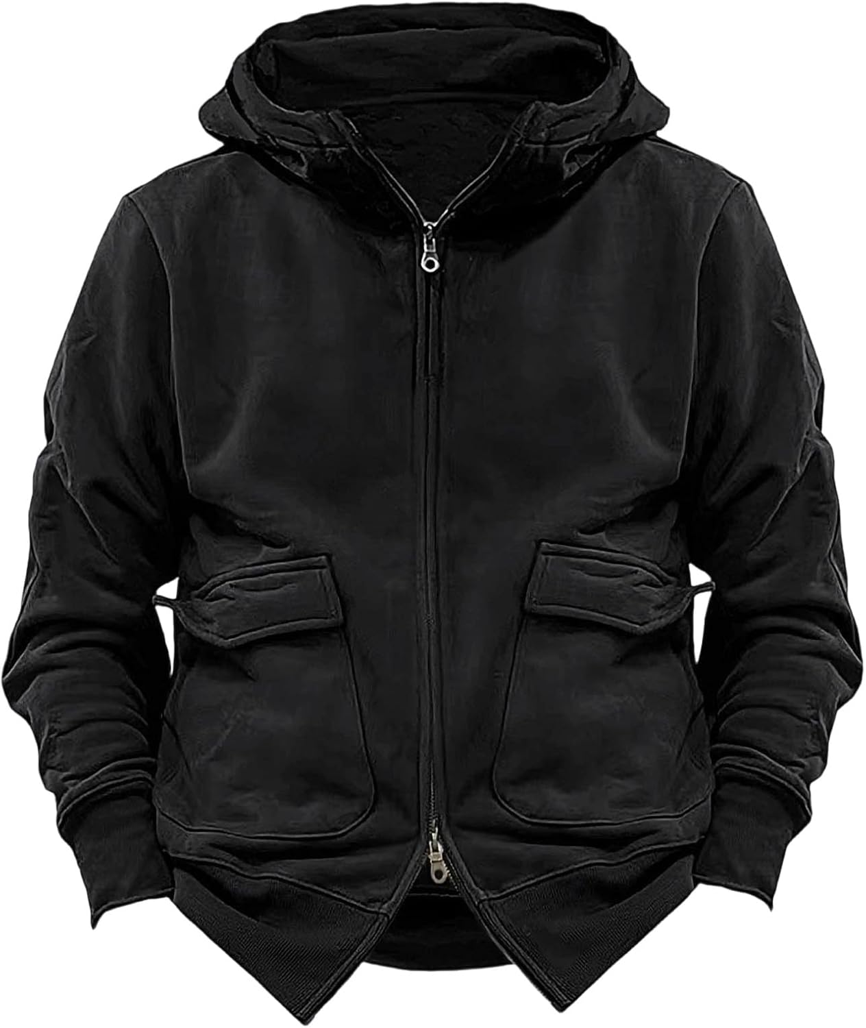 Cargo Zip Up Hoodie Jacket Men Dual Chest Pockets Heavyweight Fleece Coat | Double Front Flap Pockets Full Zip Drawstring Hood Thick Fleece Casual Work Outdoor Hiking Daily Fall Winter Layering