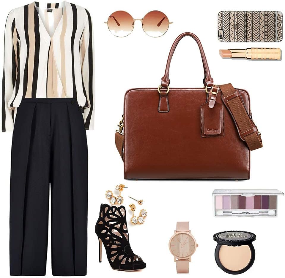 Kattee Genuine Leather Briefcase for Women, Large Capacity Laptop Bag with Luggage Tag