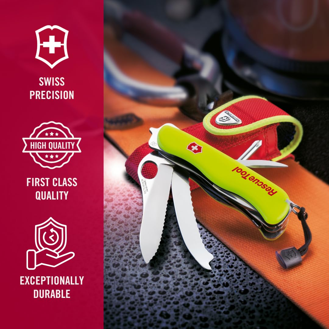 Victorinox Rescue Tool with Nylon Pouch Swiss Army Knife, 13 Functions, Swiss Made Pocket Knife with Seatbelt Cutter and Glass Saw - Fluorescent Yellow