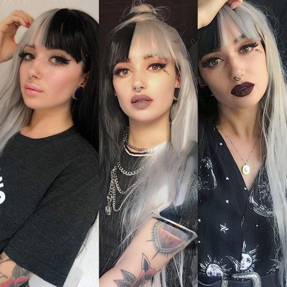 Halb Grau Halb Schwarz Lange Perücken für Frauen Gerade Goth Haar Perücke mit Bangs Hitzebeständige Faser Cosplay Halloween Perücke