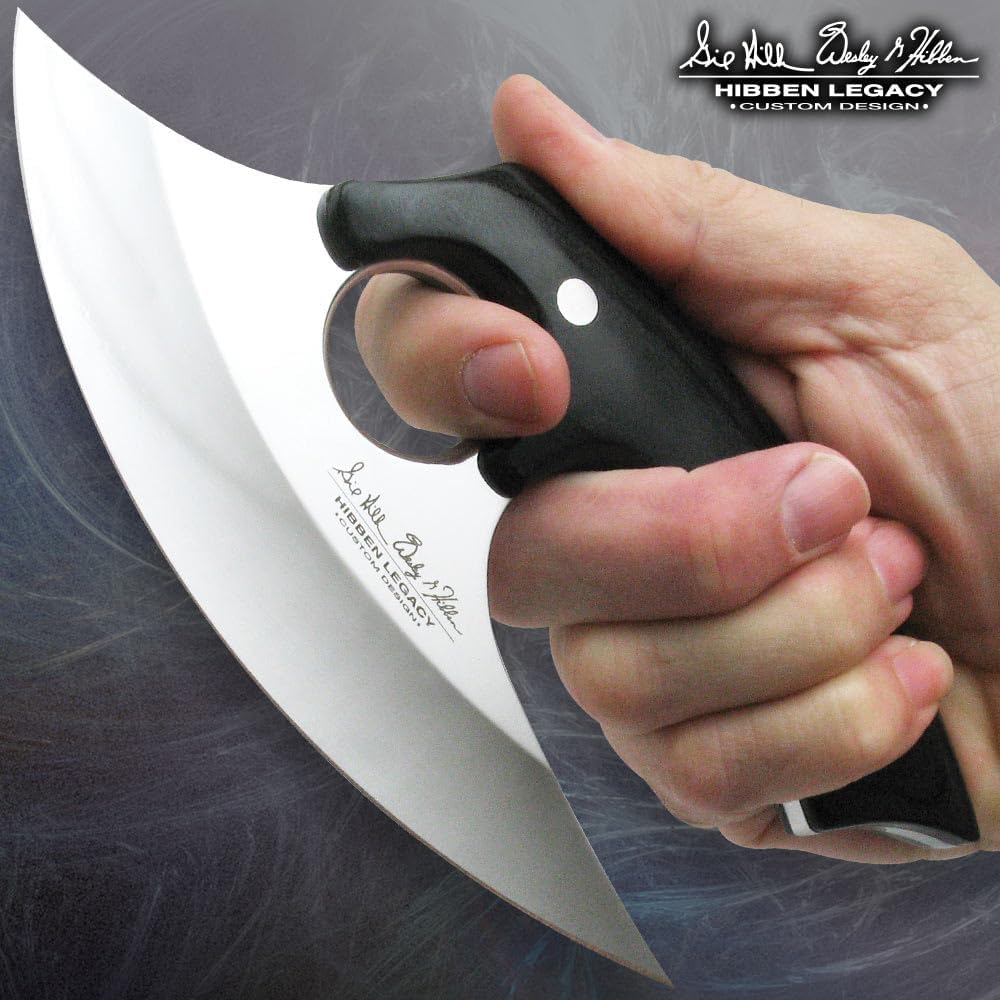 Hibben Legacy Ulu Knife And Leather Sheath | 5cr15 Stainless Steel Blade | Pakkawood Handle Scales | Stainless Steel Pins | Black Leather Belt Sheath Included | 7 5/8" Overall Length