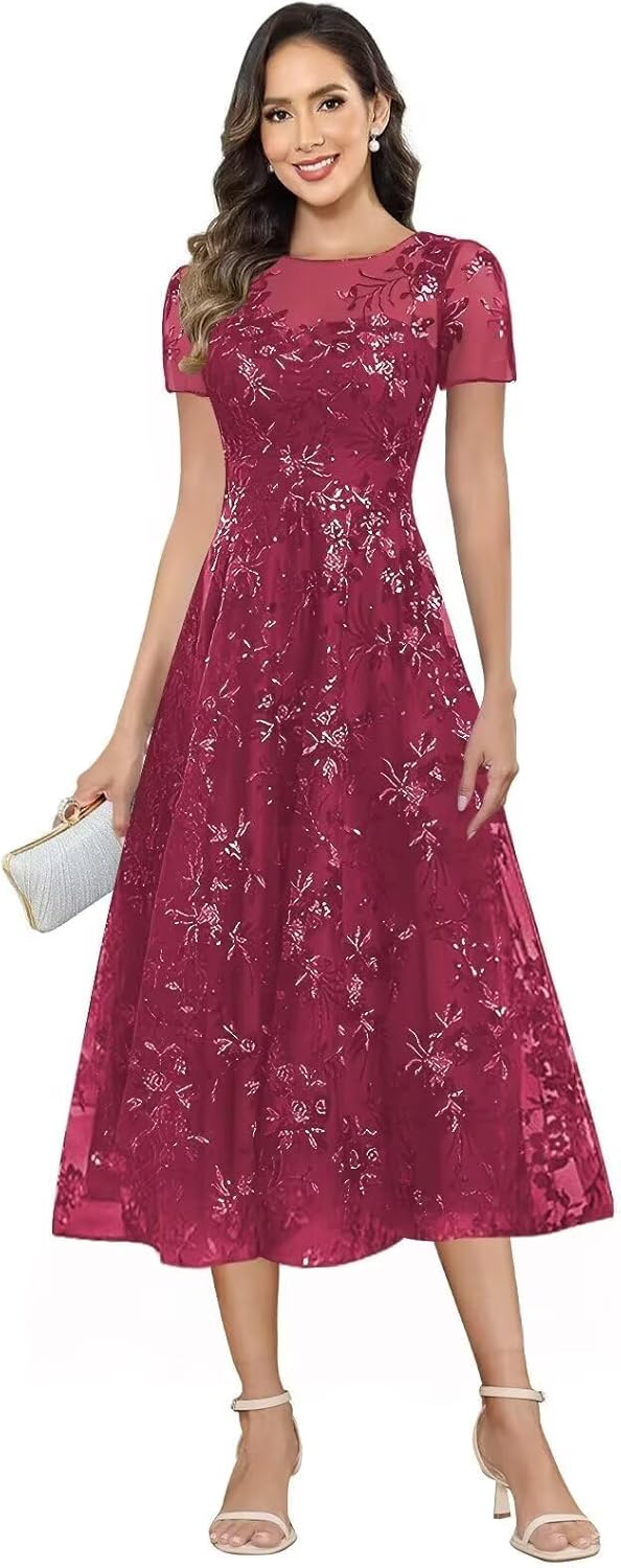 Sequin Mother of The Bride Dresses for Women Short Sleeve Formal Party Gown Tea Length Wedding Guest Dress
