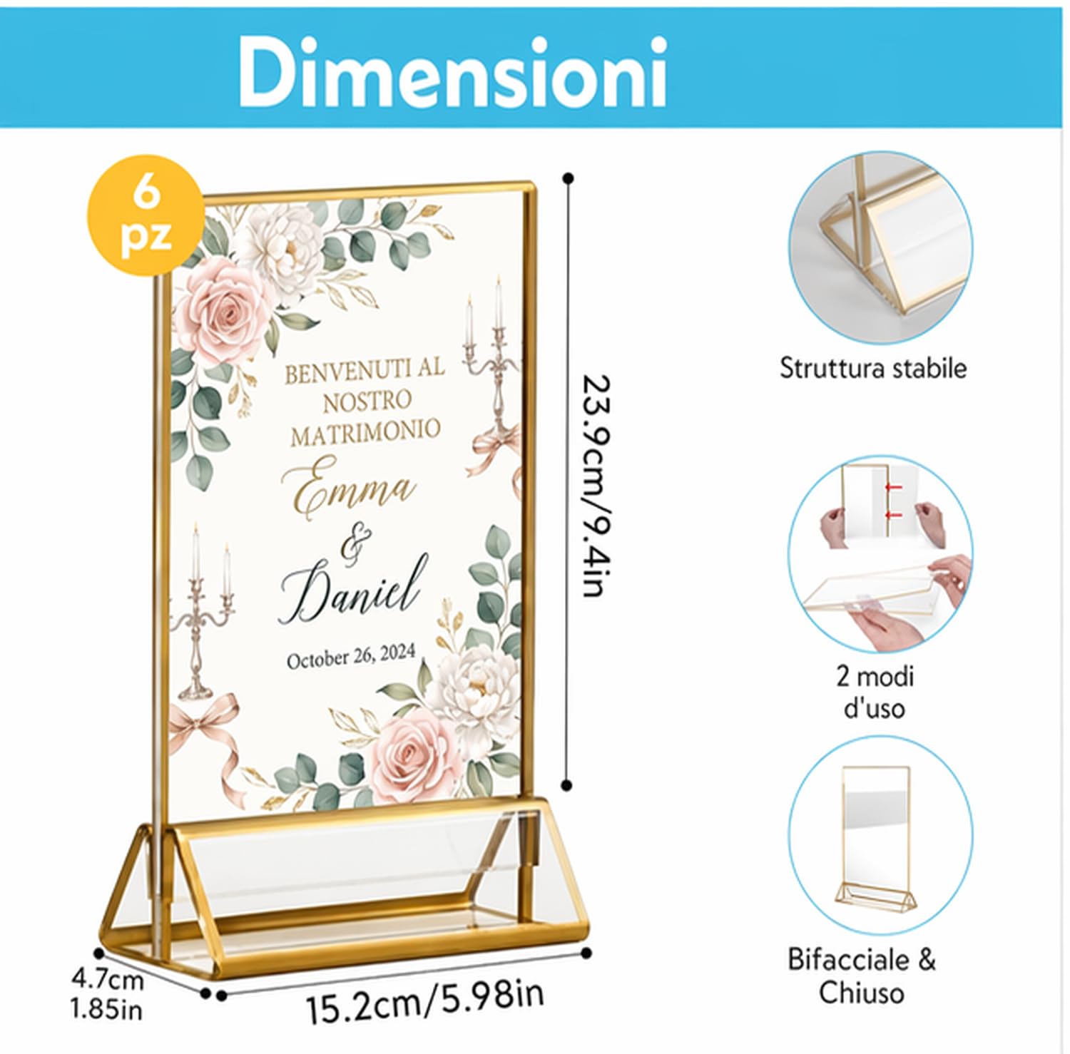 6 pezzi Espositore da tavolo A5 in acrilico con bordi dorati, espositore A5 a T, espositore verticale bifacciale per menu per matrimonio, ristorante e ufficio.