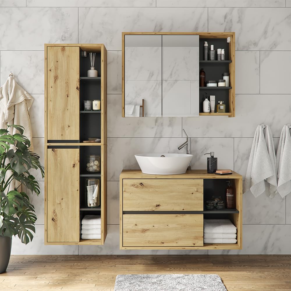 Vicco Waschbeckenunterschrank Viola, Artisan-Eiche, 100 x 60 cm, mit Siphonaussparung und offenen Ablagen zur Wandmontage