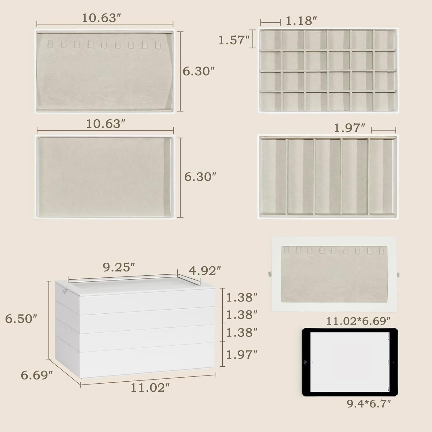 4-Layer Stackable Jewelry Organizer Trays with Tempered Glass Lid, White PU Leather Jewelry Drawer Inserts Display Case, Large Storage Box for Earring Necklace Ring Sunglasses