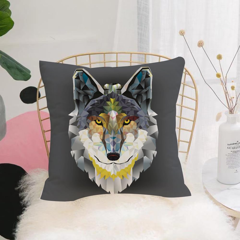 HYOSXW Cushion Cover,Throw Pillow Case Home Decorative for Living Room Bedroom Sofa Chair 16X16 Inch,Geometric wolf art, the wolf's head has bright colors and bright lines, exuding,Pillowcase 40X40cm