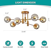 Vista 2 de Lámpara de araña de 6 luces dorada con cubierta esférica de vidrio Sputnik, lámpara de techo de 34" de gran tamaño para comedor, lámparas de araña