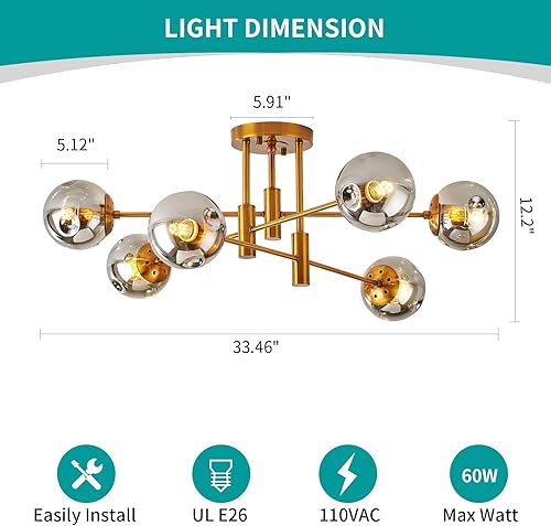 Miniatura 2 de Lámpara de araña de 6 luces dorada con cubierta esférica de vidrio Sputnik, lámpara de techo de 34" de gran tamaño para comedor, lámparas de araña