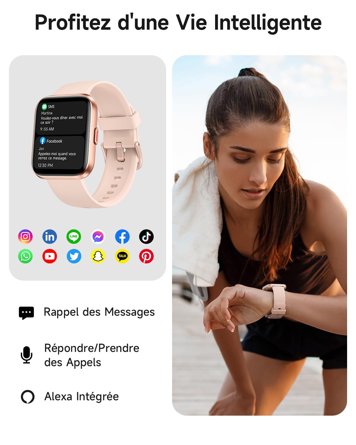 Montre Connectée Femme, 1.85" AMOLED Smartwatch avec Appel, Étanche 3 ATM (Natation), AI Intégrée, Montre Connectée pour 100+ Sport, Cardiofréquencemètre, Sommeil & Calories, SpO2, Samsung/iOS/Android