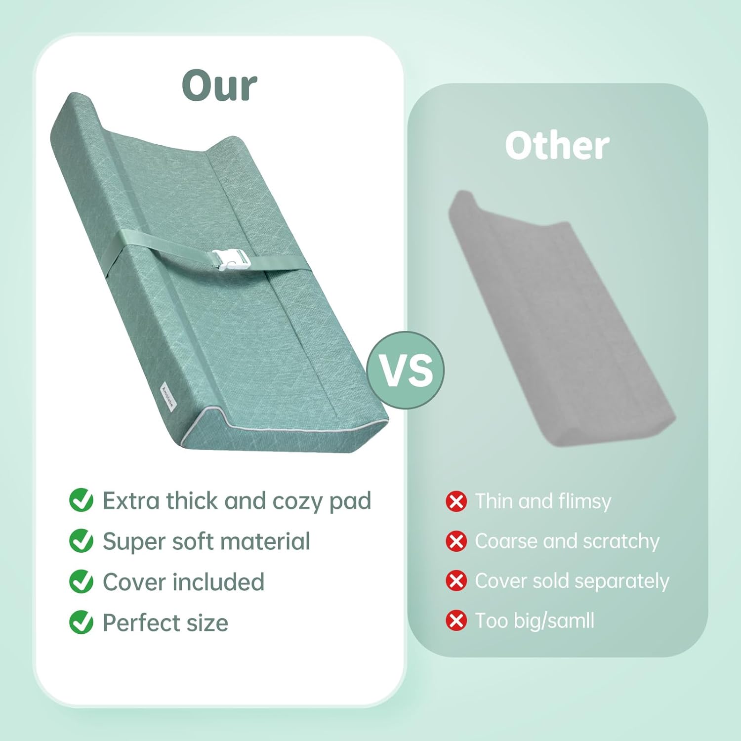 Baby Soft Changing Pad with Washable Cover, Baby Diaper Changing Pads for Dresser Top with Safety Strap,Non-Slip Bottom, Topper for Standard Size Infant Diaper Table & Dresser(Green)