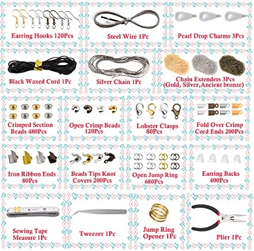EuTengHao Jewelry Making Findings Supplies Kit Jewelry Repair Tool with Pearl Charm,Ribbon Ends,Lobster Clasps,Crimp Beads Knot Covers,Earring Hook Backs,Cooper Wire 2388Pcs for Jewelry DIY Supplies