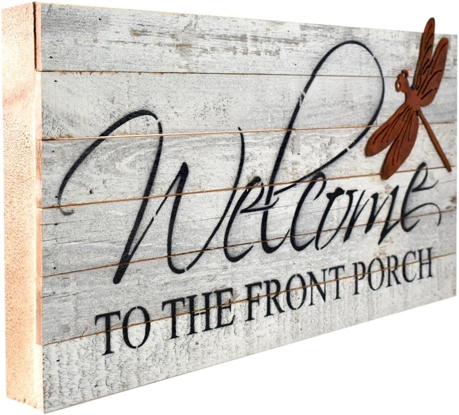 Welcome to the Front Porch American Made Reclaimed Wood Wall Sign with Metal Dragonfly Accent, 24-Inch