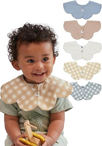 Miniatura 9 de Konny Juego de baberos para bebé, rotación de 360°, bandana suave y absorbente para niños y niñas, esenciales para bebés Baya roja, punto gris rosa,