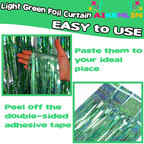 Image of 4 Pack 3.2Ft x 8.2Ft Light Green Foil Fringe Curtain Backdrop, Metallic Tinsel Foil Fringe Streamers Curtains for Photo Booth, Birthday, Wedding, Disco, Bachelorette, Christmas Party Decoration