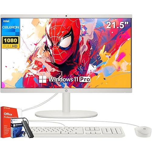 HP All-in-One Desktop Computer, 21.5" FHD Display, Intel Celeron J4025 Processor, 16 GB RAM, 1 TB SSD, Wired Keyboard & Mouse, Webcam, HDMI, Microsoft Office Pro Lifetime License & Windows 11 Pro