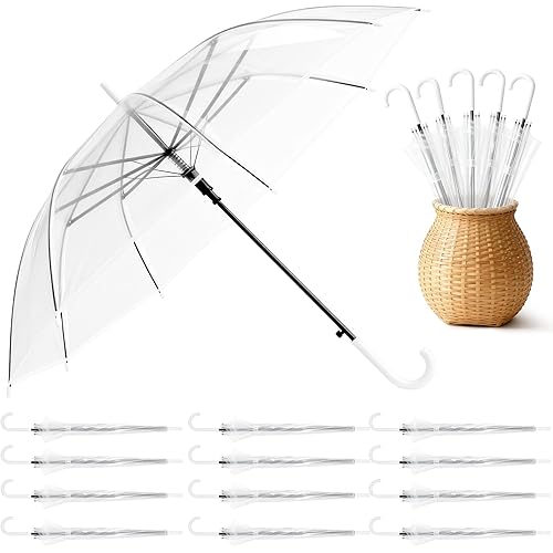 Clear Umbrella 12 Pack, 36" Transparent Bubble Stick Umbrellas with Auto Open and J-Hook Handle, Wind-Resistant Lightweight Design for Daily Use, Commute, Outdoor Activities