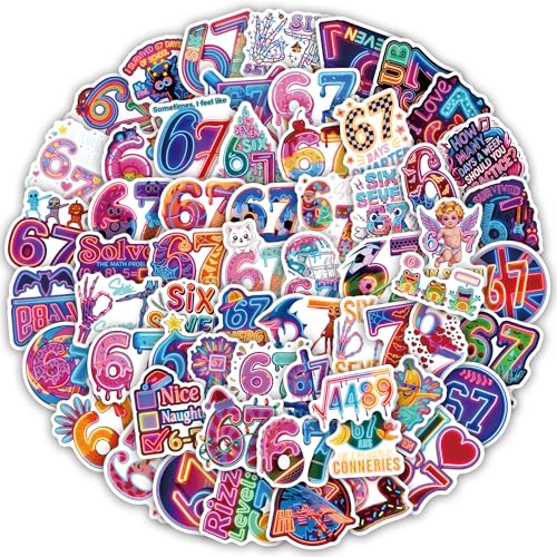 60Pcs 67 Stickers, Funny Six Seven Stickers Meme for Kids Teens Adult, 67 Stuff 6 7 Stickers for Water Bottle, Phone, Luggage, Laptop, 6 7 Party Decorations (60Pcs Neon)