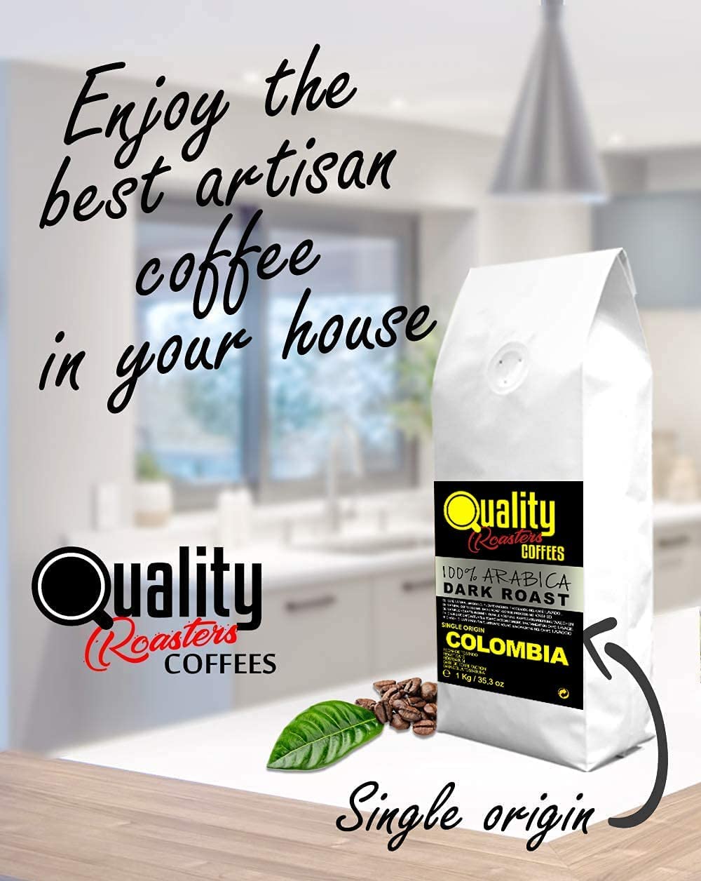 Café en grano natural. Dark Roast. 100% Arabica. Origen único Colombia. Tostado artesanal. Tueste Oscuro. (2 Kg, Chocolate)