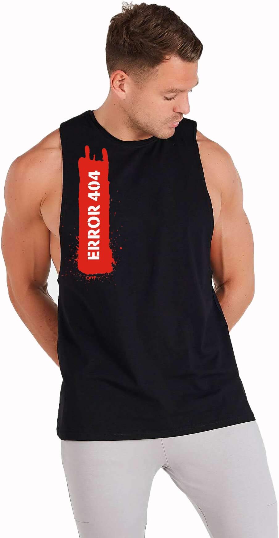 Men Black Cotton Workout deep Cut Sleeveless Tshirt -ERR