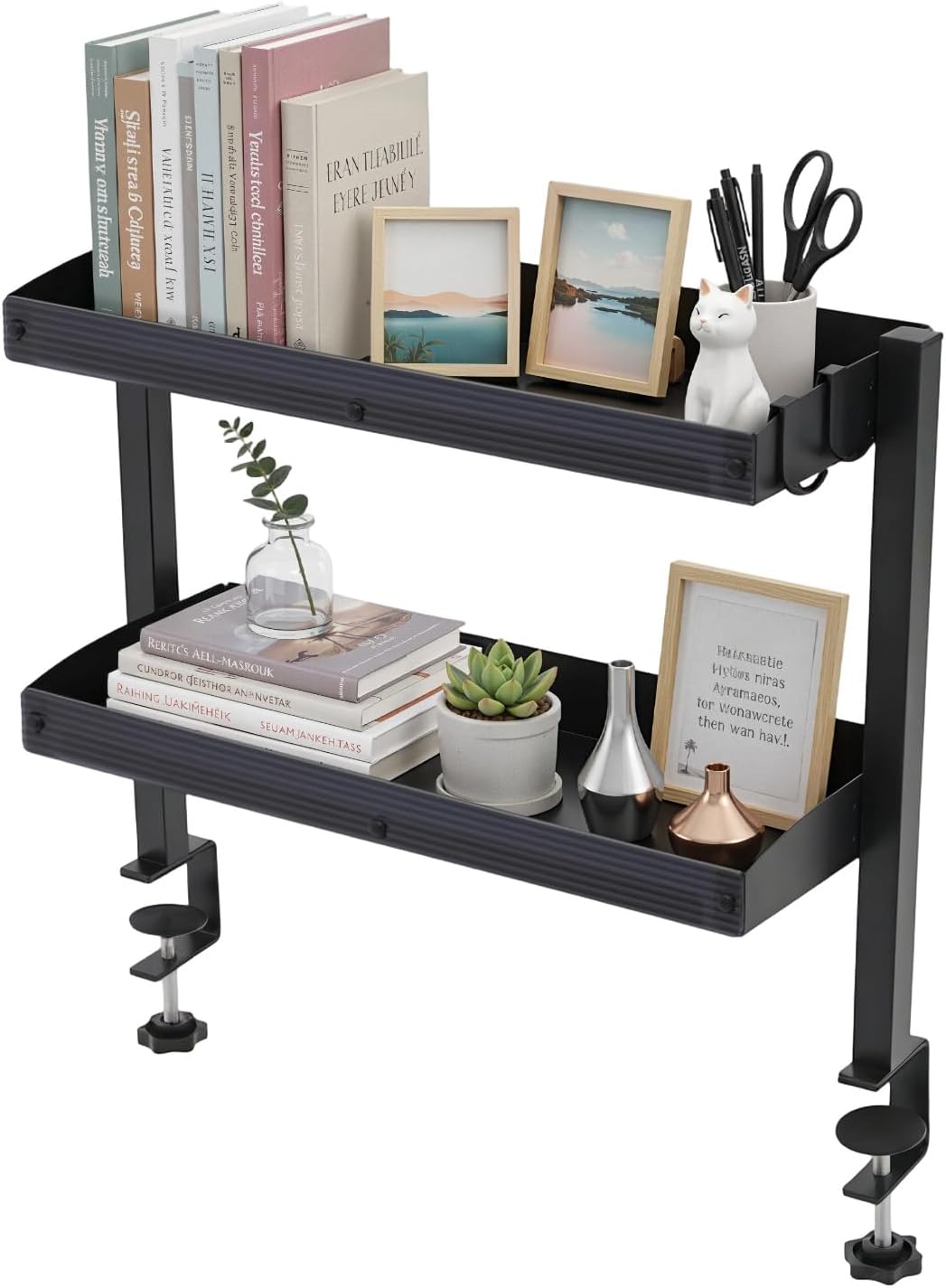 Clamp On Desk Shelf, Heavy Duty Above Desk Shelves, Under Desk Wire Management with Desk Extension Side Table, Desk Add on Shelf Clamp Table for Gaming Desk Organization