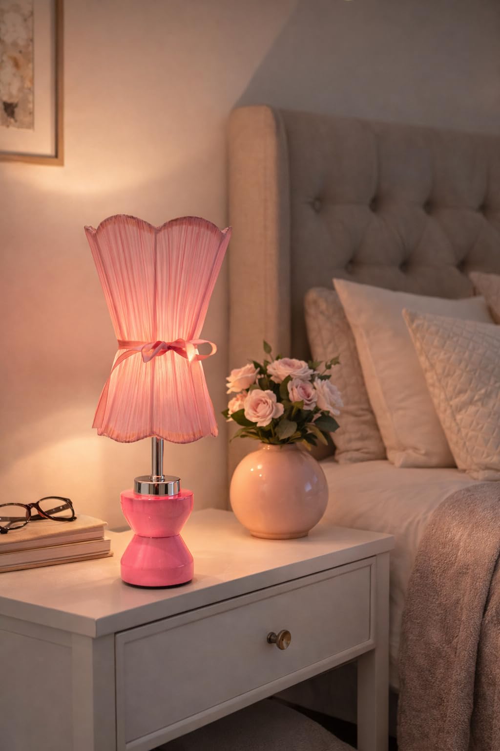 Pink Table Lamp with Ruffled Fabric Shade and Bow Detail, Bedside Nightstand Light, Romantic Style-image-24