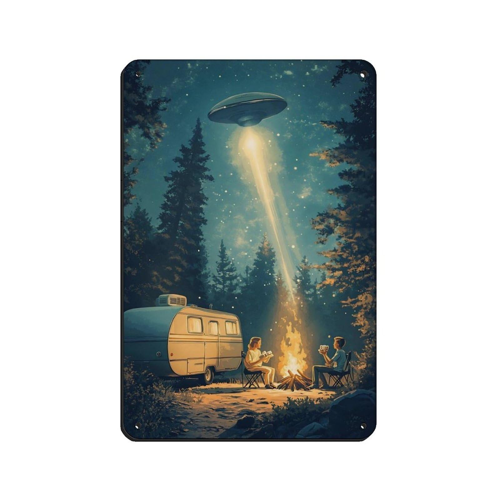 Vintage UFO Camping Scene Poster Retro Poster Metal Tin Sign Chic Art Retro Iron Painting Bar People Cave Cafe Family Garage Poster Wall Decoration 8x12inch(20x30cm)